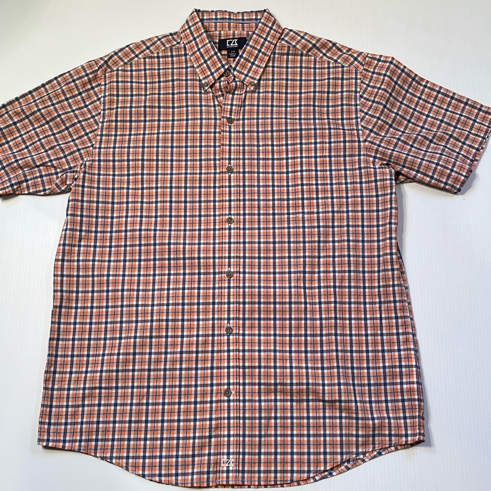 Cutter & Buck blue, orange & white short sleeve plaid button down.  Men’s large